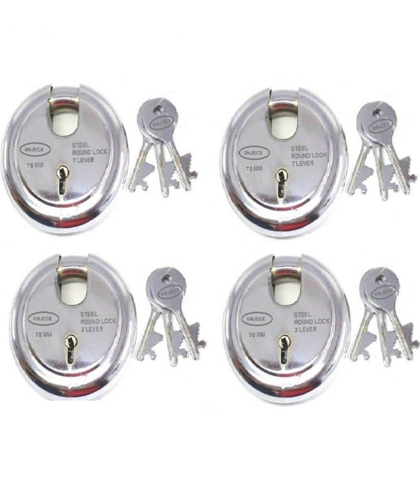 Onjecx Steel Primium Range Lock 7 Levers 75 mm Heavy Duty Padlock , Sutter Lock, Round Lock Long Life Durable with 3 Keys for Main Gate, Office Door, Shop Shutter Pack of 4 pcs (RPL75 A)