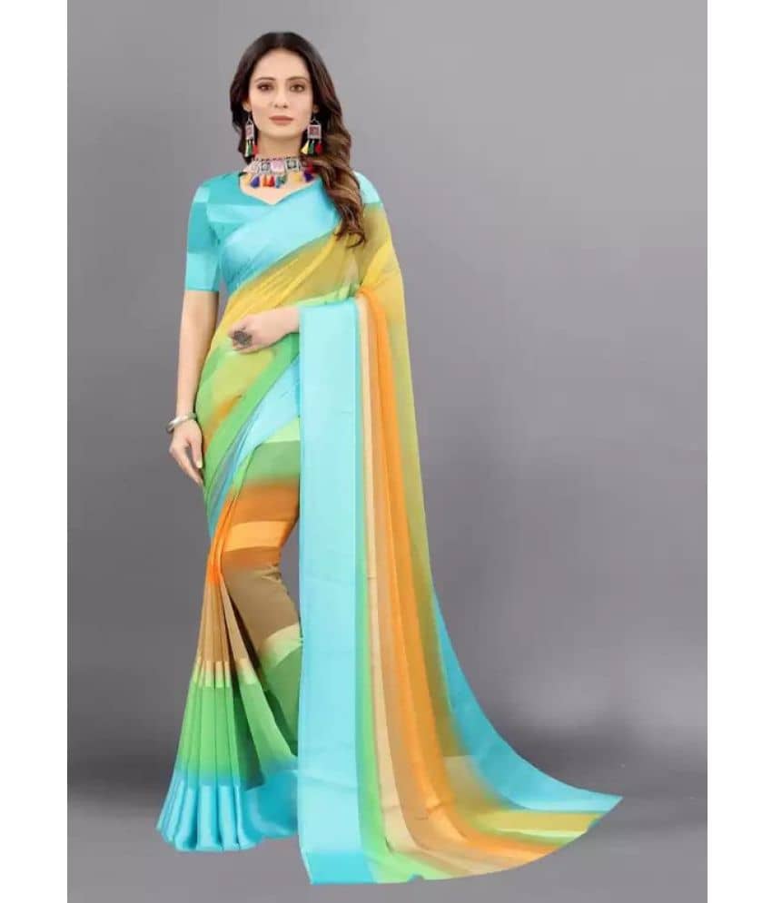 Sanwariya Silks Georgette Striped Saree With Unstitched Blouse Piece ( Green ) - Sarees | Buy online on ZillyBuy
