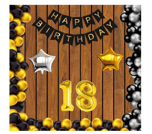     			Jolly Party   18 no Gold Foil Balloons + Happy Birthday Decoration Black Banner Set of 13 Letters with 30 HD Metallic Gold , Silver & Black Balloons + 1 Gold & 1 Silver Star Foil Balloons Pack of 47