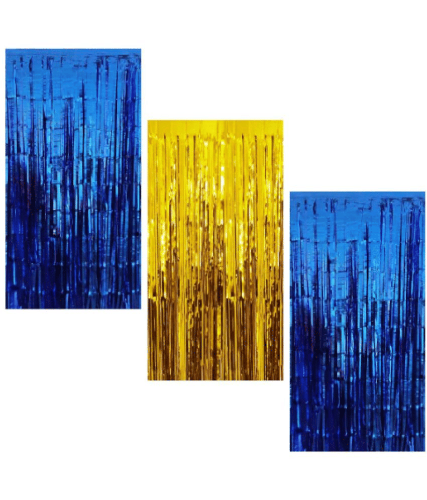     			Jolly Party   2 Blue 1 Golden Fringe Curtains Pack of 3