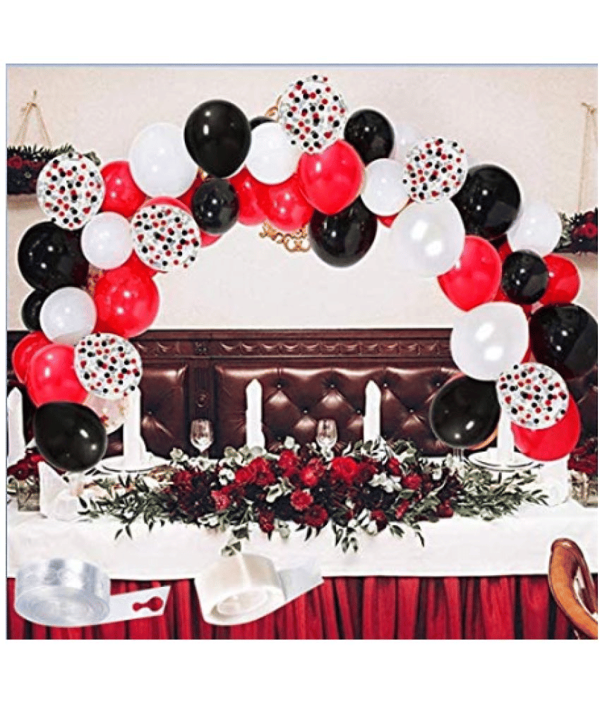     			Jolly Party  Black,Red And White Balloon Combo Of 102 Pcs-Multi Confetti Balloons(10)+Red Metallic Balloons 30+Black 30+White 30+Balloon Glue Dots(1)+Balloon Arch(1)Garland