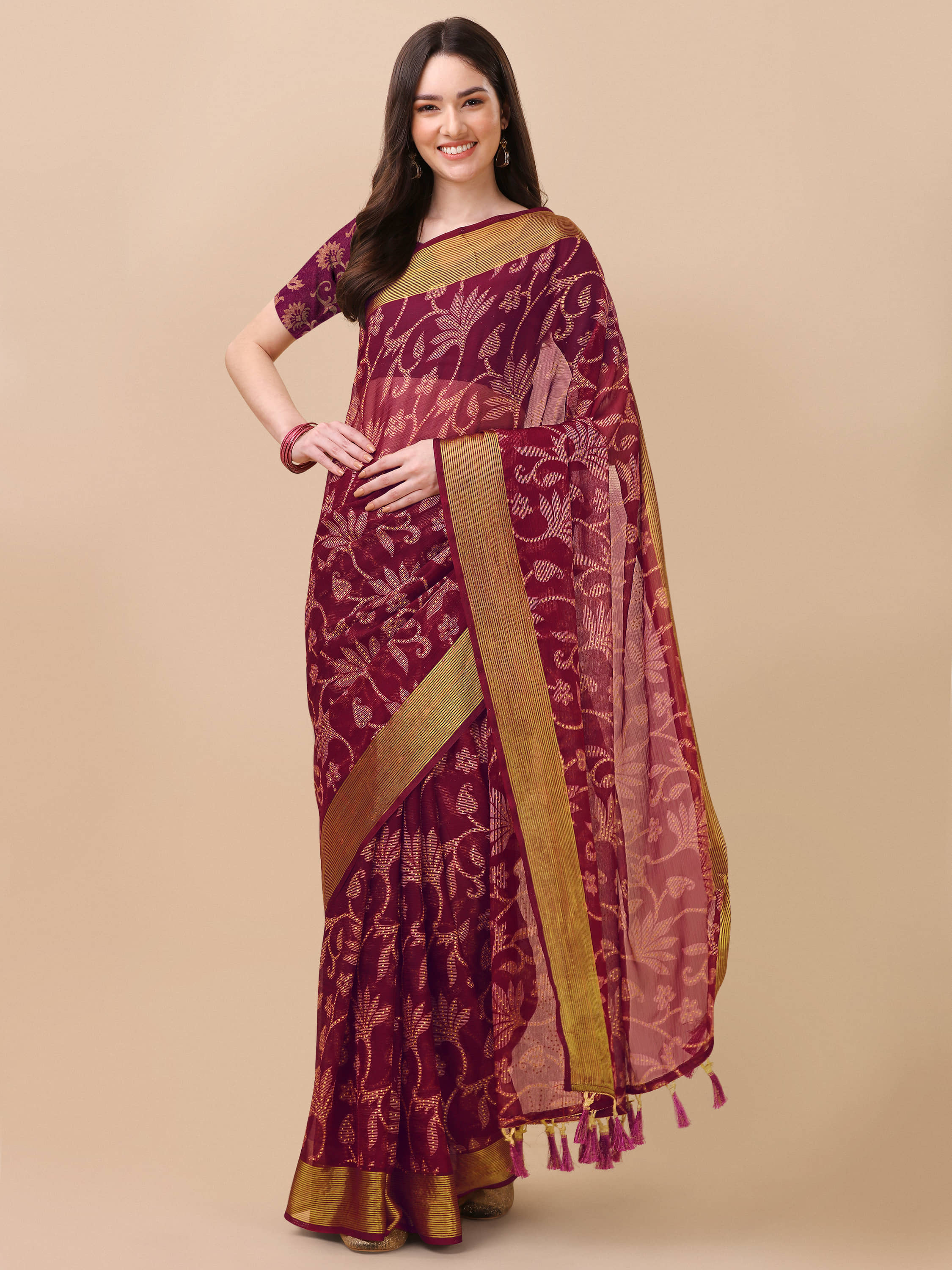 Rekha Maniyar Chiffon Printed Saree With Unstitched Blouse Piece ( Navy Blue ) - Sarees | Buy online on ZillyBuy