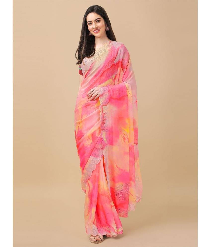 Rekha Maniyar Chiffon Printed Saree With Unstitched Blouse Piece ( Rani ) Rekha Maniyar Chiffon Printed Saree With Unstitched Blouse Piece ( Rani )