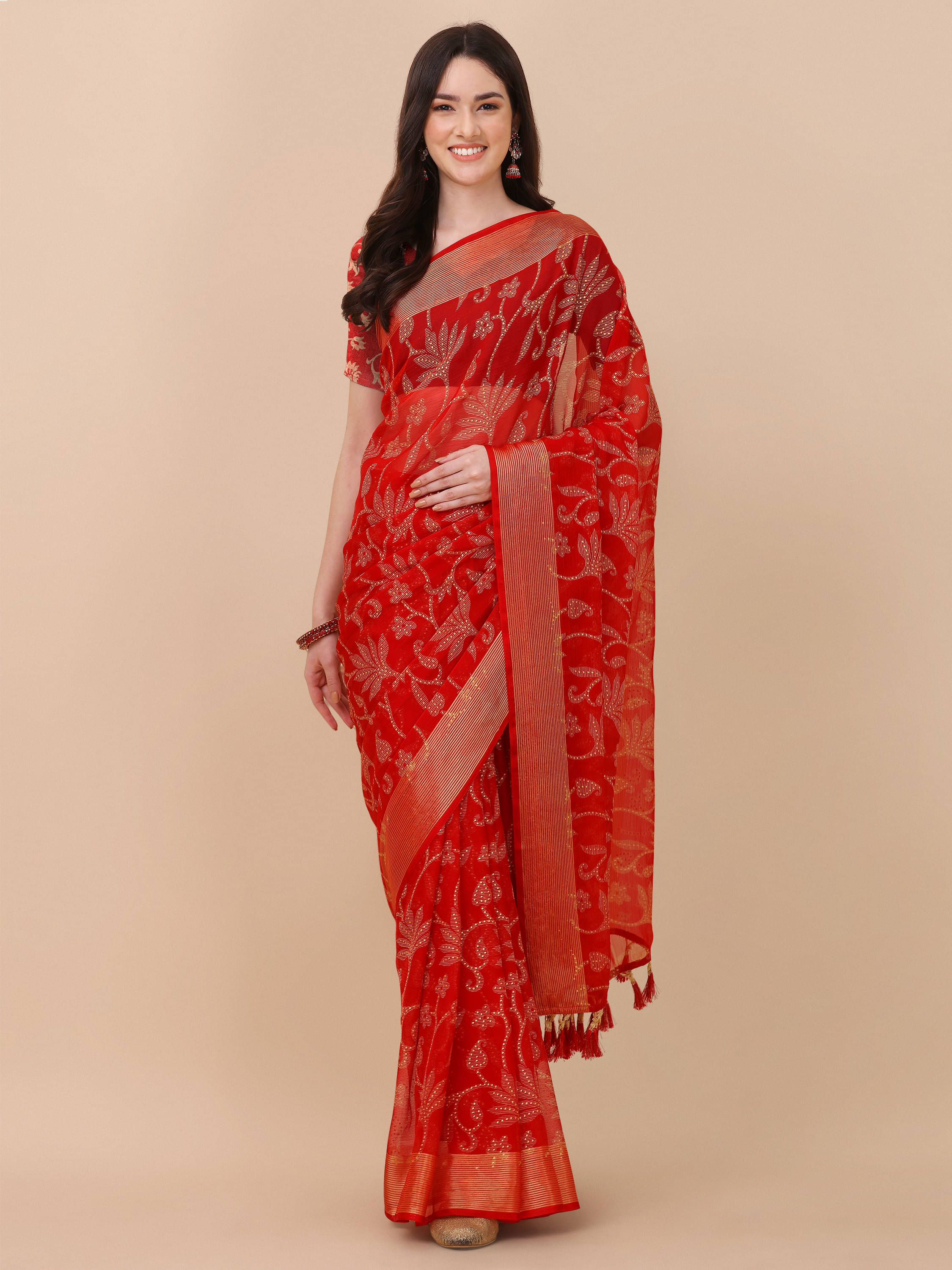     			Rekha Maniyar Chiffon Printed Saree With Unstitched Blouse Piece ( Red )