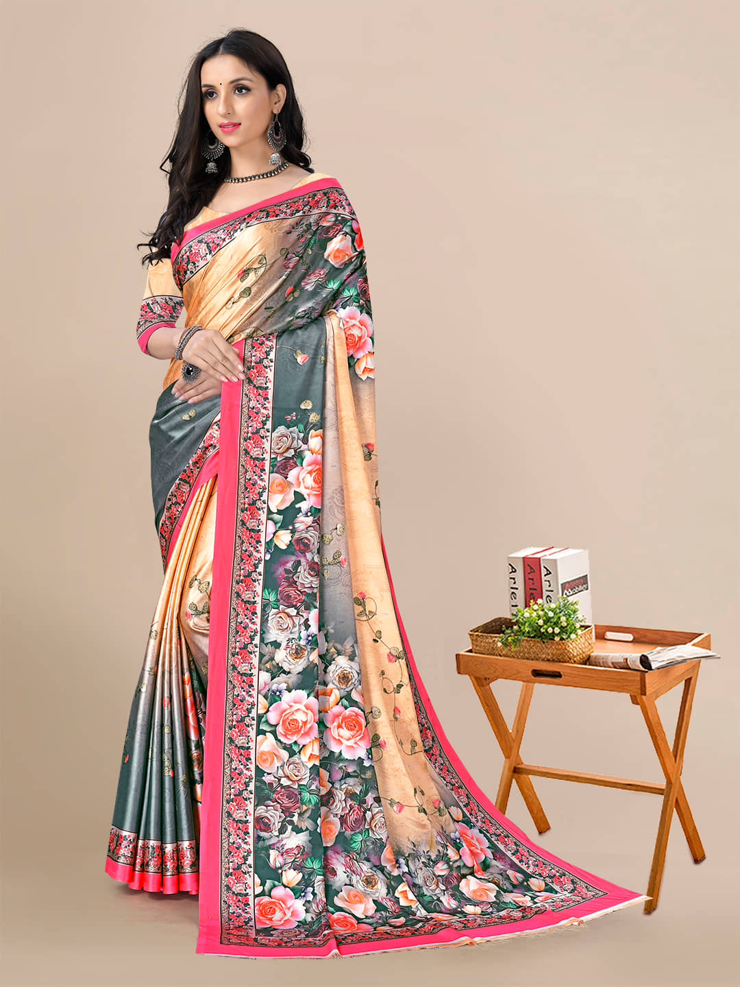Rekha Maniyar Satin Printed Saree With Unstitched Blouse Piece ( SkyBlue ) - Sarees | Buy online on ZillyBuy