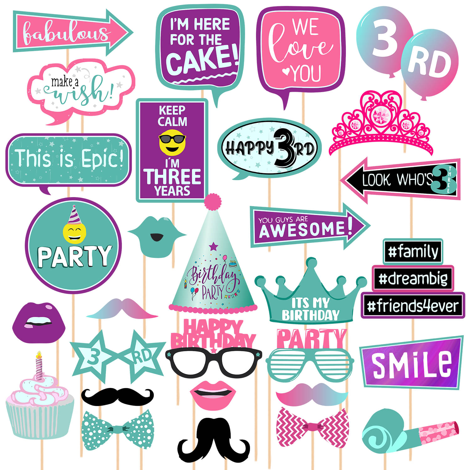 Zyozi 30 Pieces 3rd Birthday Photo Booth Props Kit Colorful Funny Kids 3rd Birthday Theme for Birthday Party Celebration Decorations Zyozi 30 Pieces 3rd Birthday Photo Booth Props Kit Colorful Funny Kids 3rd Birthday Theme for Birthday Party Celebration Decorations