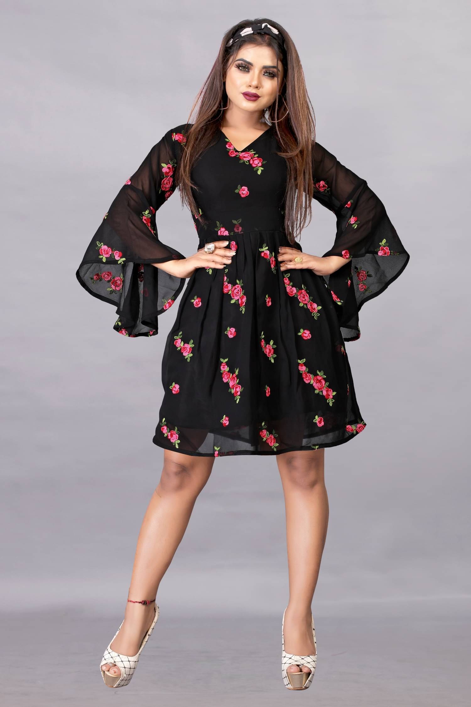 Aika Women Georgette Printed Fit & Flare Dress ( Black ) Aika Women Georgette Printed Fit & Flare Dress ( Black )