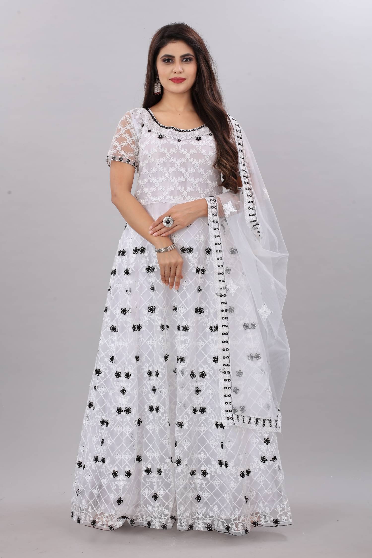 Aika - White Anarkali Net Women's Stitched Ethnic Gown ( Pack of 1 ) Aika - White Anarkali Net Women's Stitched Ethnic Gown ( Pack of 1 )