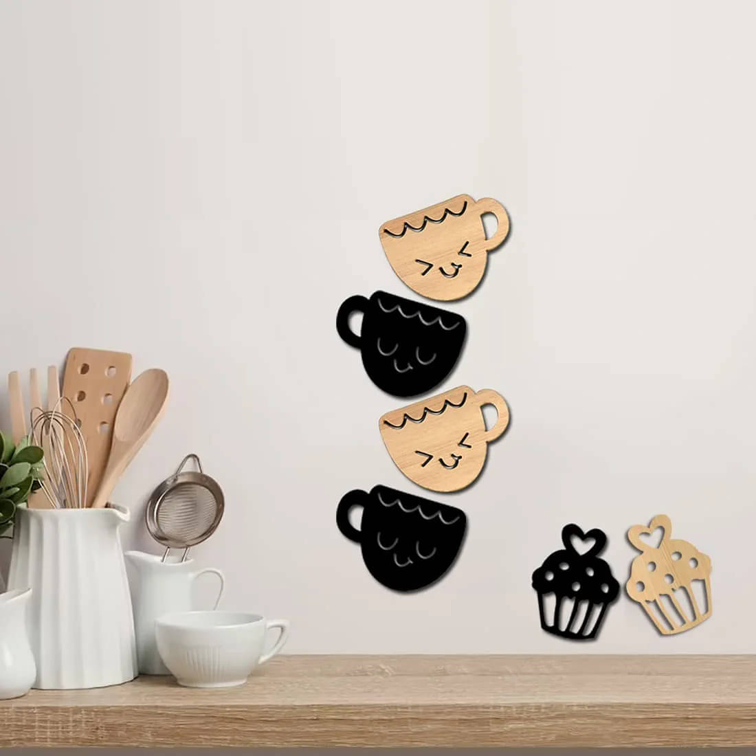 Asmi Collection Beige & Black Wooden Smile Tea Cups and Icecream Wall Sticker ( 9 x 12 cms )     			Asmi Collection Beige & Black Wooden Smile Tea Cups and Icecream Wall Sticker ( 9 x 12 cms )
