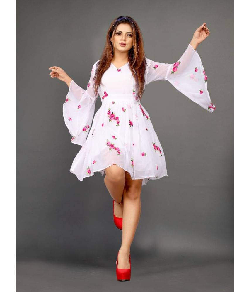 Aika Women Georgette Printed Fit & Flare Dress ( White ) Aika Women Georgette Printed Fit & Flare Dress ( White )