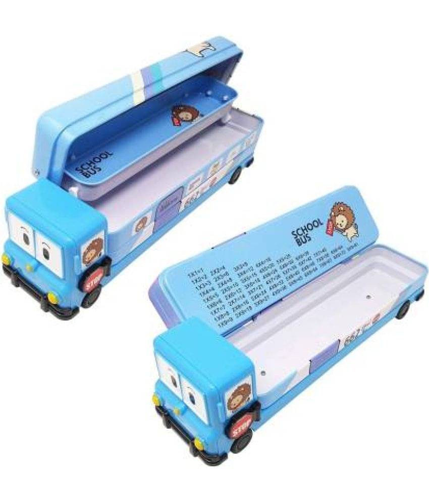    			BLUE Magic Bus Shape with Rotating Wheels Art Metal Pencil Box (Set of 1, Blue)