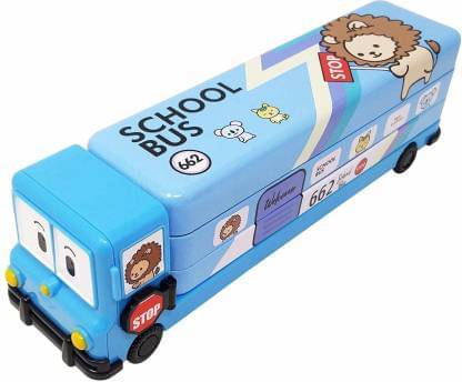     			BLUE Magic Bus Shape with Rotating Wheels Art Metal Pencil Box  (Set of 1, Blue)