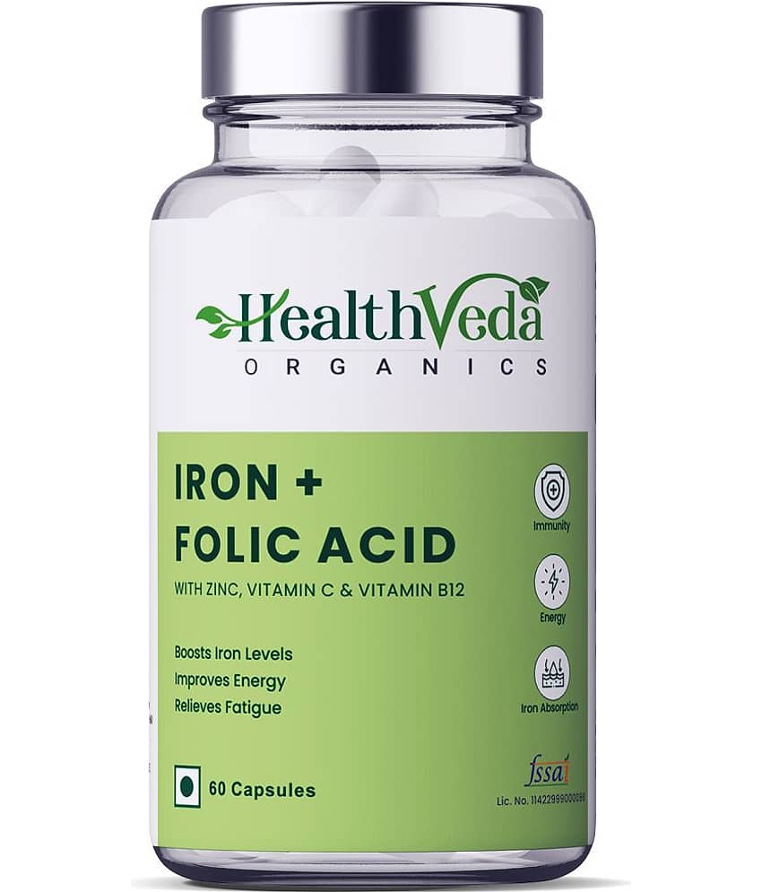 Health Veda Organics Iron+Folic Acid Supplements for blood building & Immunity, 60 Veg Capsules