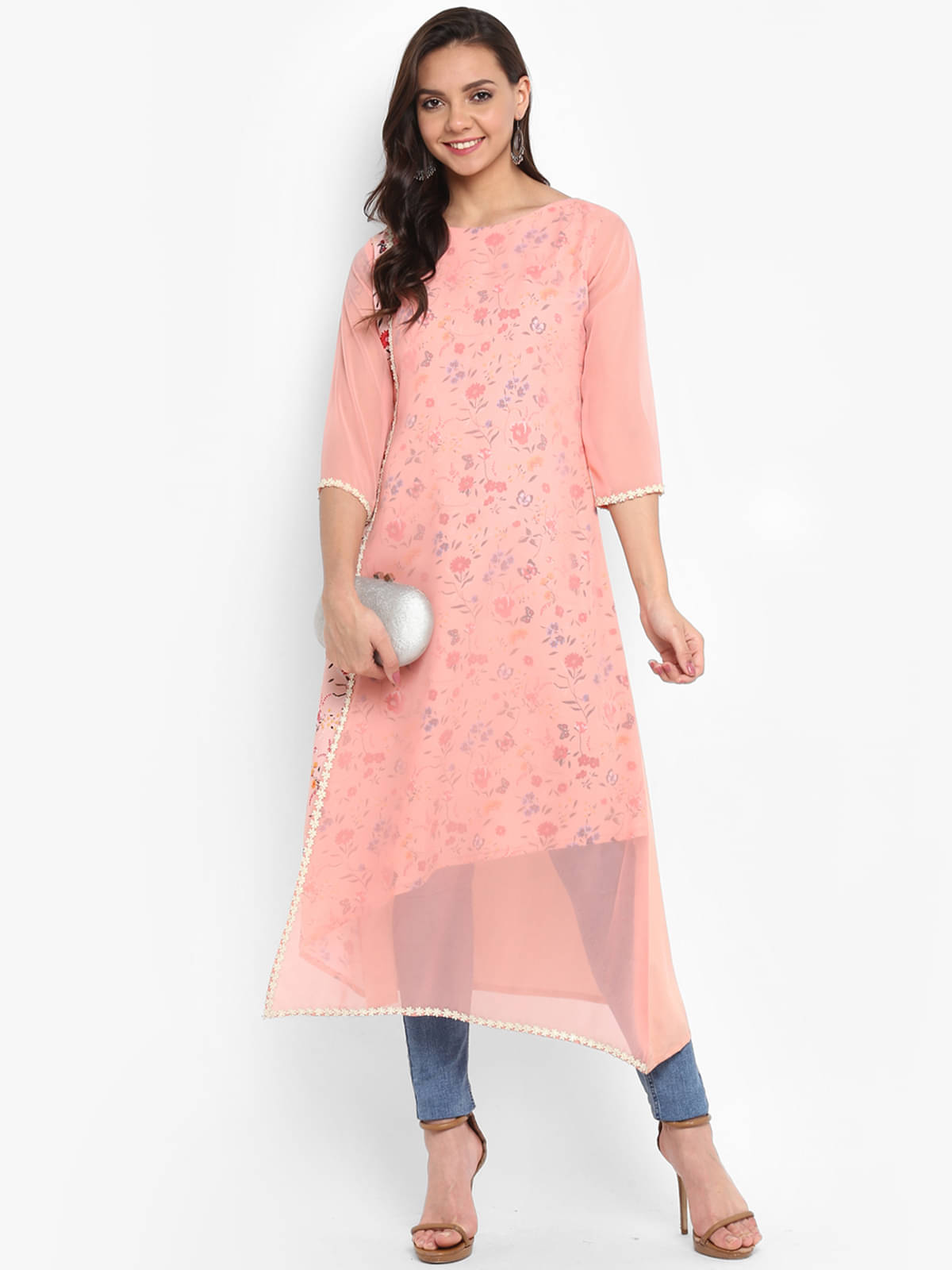     			Janasya - Pink Crepe Women's Asymmetrical Kurti ( Pack of 1 )