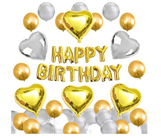     			Jolly Party  Decoration Combo 1 Pcs Birthday Foil, 4 Pcs Golden Heart,2 Pcs Silver Heart, 20 Gold 20 Silver 10 White Metallic Balloons Set 57 Pcs.