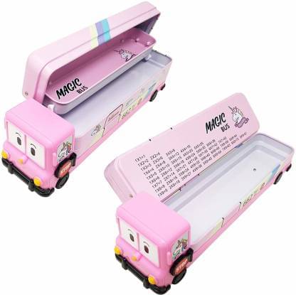     			Pink Magic Bus Shape with Rotating Wheels Art Metal Pencil Box  (Set of 1, Pink)