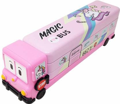    			Pink Magic Bus Shape with Rotating Wheels Art Metal Pencil Box  (Set of 1, Pink)