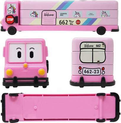 Pink Magic Bus Shape with Rotating Wheels Art Metal Pencil Box (Set of 1, Pink) Pink Magic Bus Shape with Rotating Wheels Art Metal Pencil Box (Set of 1, Pink)