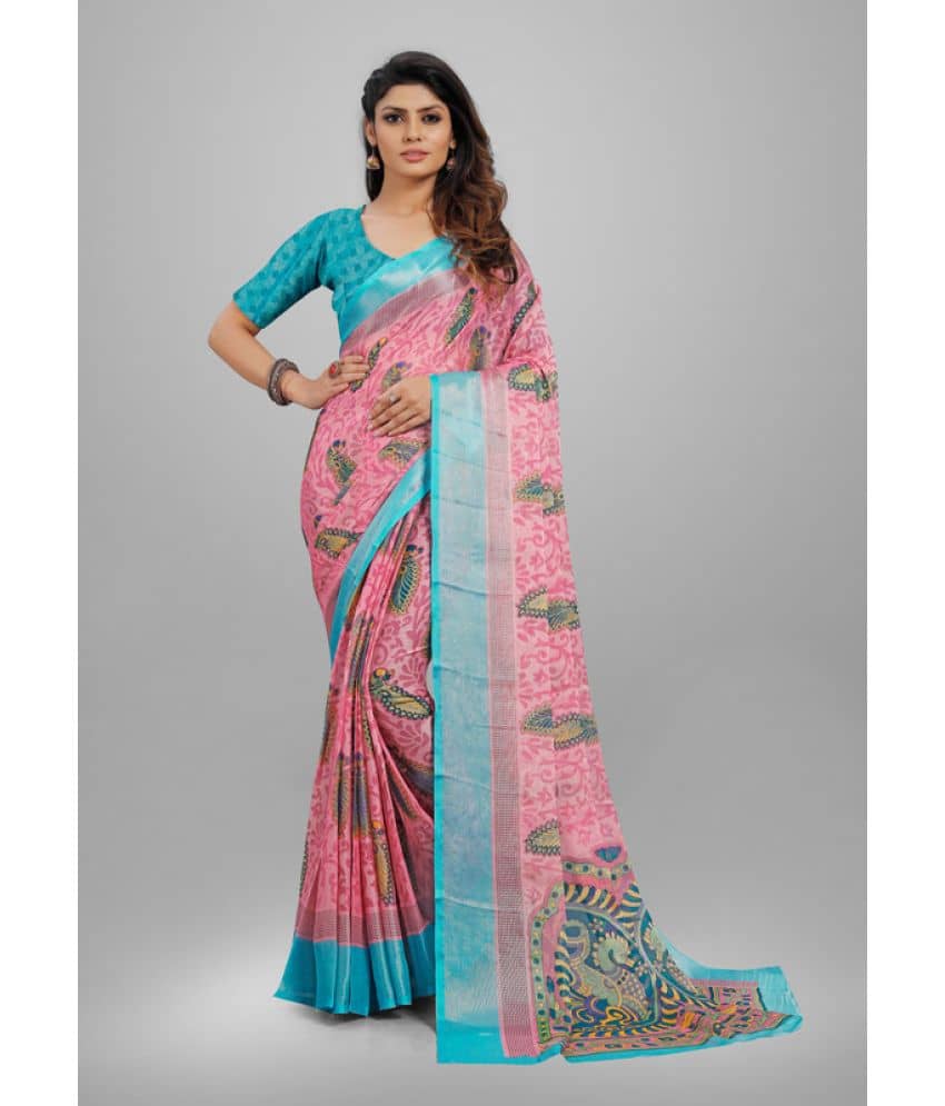 Sanjana Silks Brasso Printed Saree Without Blouse Piece ( Pink )