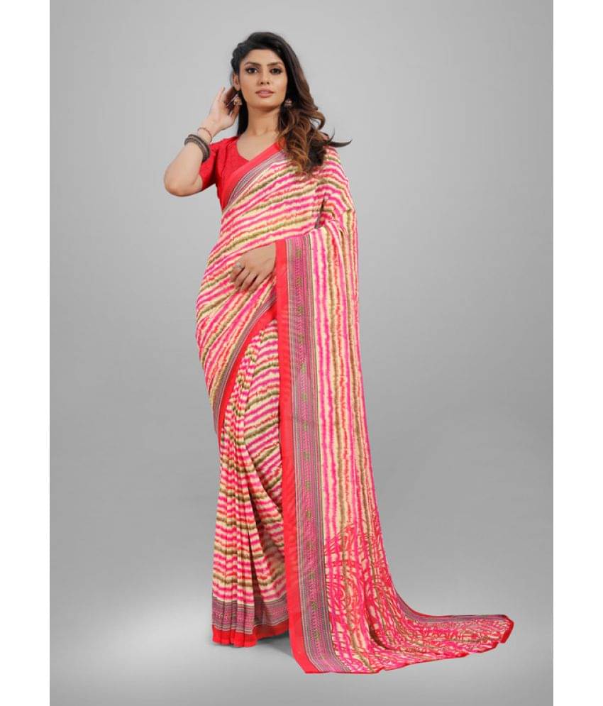     			Sanjana Silks Georgette Striped Saree With Unstitched Blouse Piece ( Red )