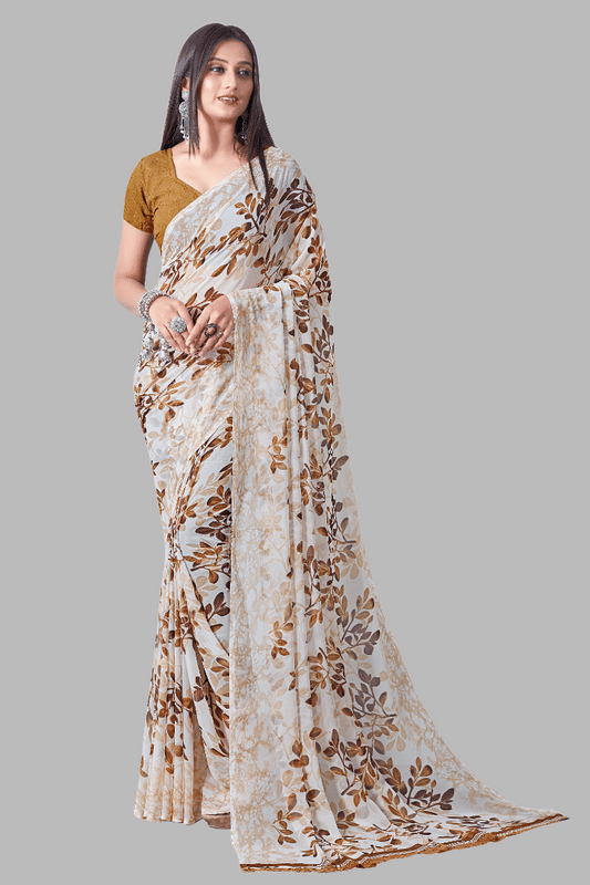     			Sitnjali Lifestyle Georgette Printed Saree With Unstitched Blouse Piece ( Brown )