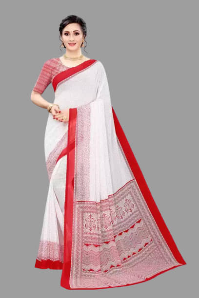 Sitnjali Lifestyle Georgette Printed Saree With Unstitched Blouse Piece ( Red ) - Sarees | Buy online on ZillyBuy