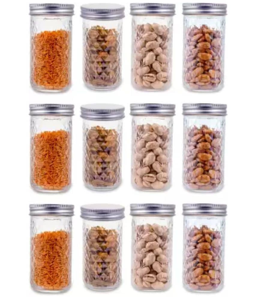 skwaion - Silver Glass Spice Container ( Set of 12 ) - 350 ml