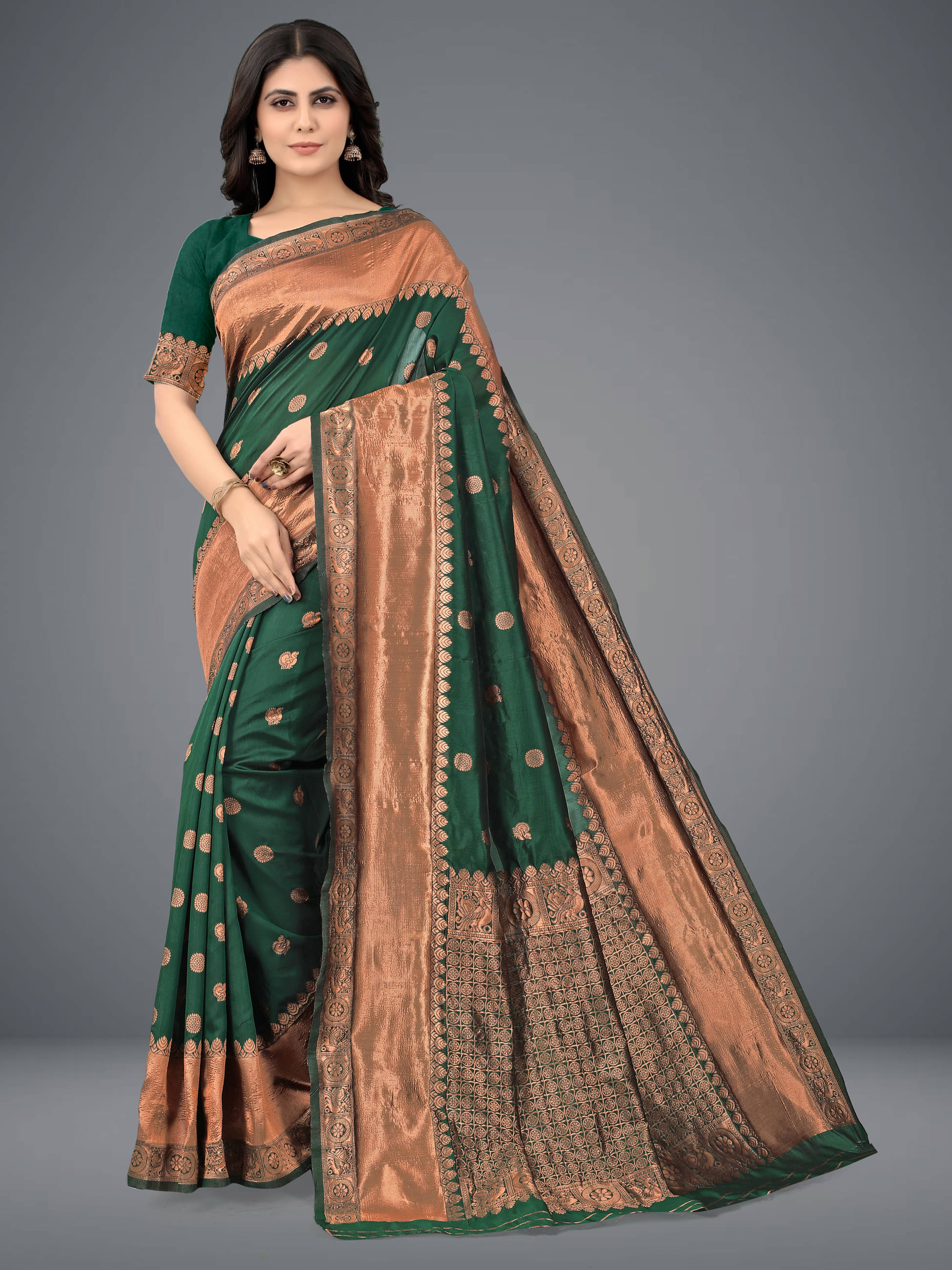     			Om Shantam Sarees Art Silk Embellished Saree With Unstitched Blouse Piece ( Green )
