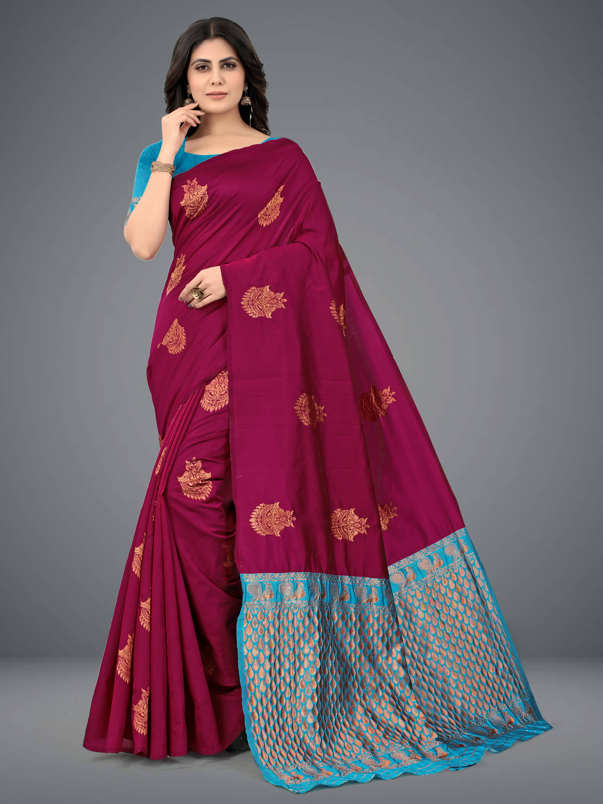 Om Shantam Sarees Jacquard Embellished Saree With Unstitched Blouse Piece ( Magenta )     			Om Shantam Sarees Jacquard Embellished Saree With Unstitched Blouse Piece ( Magenta )