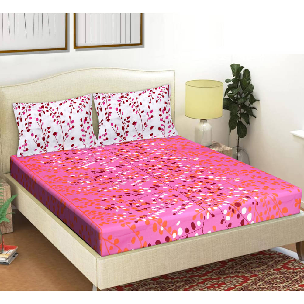 FrionKandy Living - Pink Cotton Double Bedsheet with 2 Pillow Covers FrionKandy Living - Pink Cotton Double Bedsheet with 2 Pillow Covers