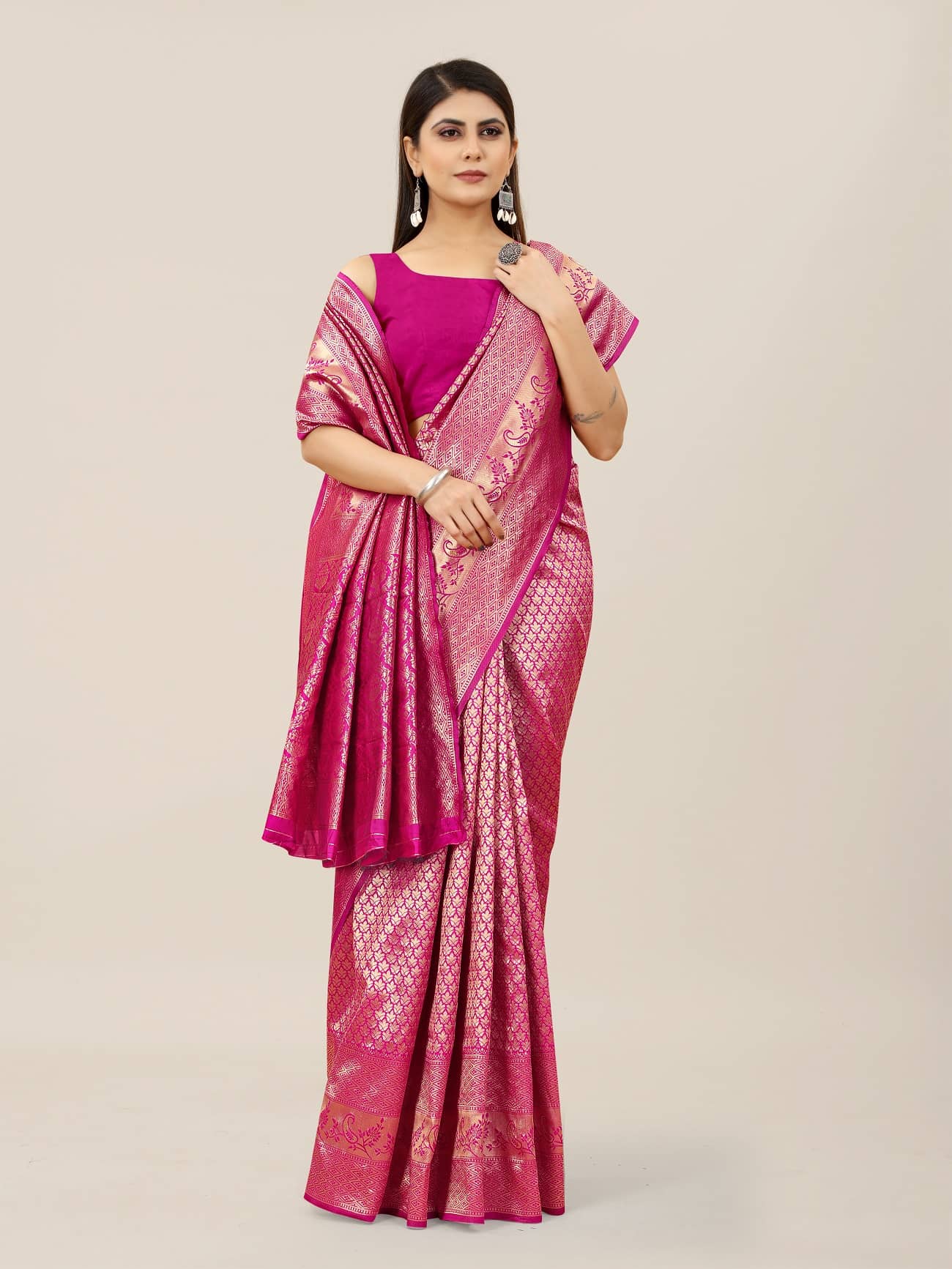 Gazal Fashions Banarasi Silk Embellished Saree With Unstitched Blouse Piece ( Pink ) - Sarees | Buy online on ZillyBuy