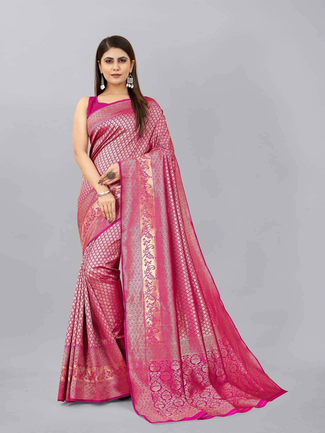 Gazal Fashions Banarasi Silk Embellished Saree With Unstitched Blouse Piece ( Pink ) - Sarees | Buy online on ZillyBuy