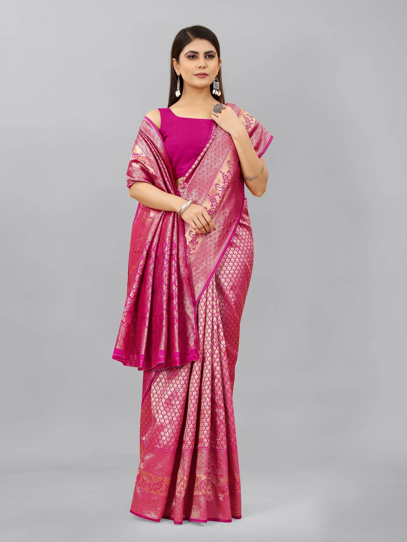 Gazal Fashions Banarasi Silk Embellished Saree With Unstitched Blouse Piece ( Pink ) - Sarees | Buy online on ZillyBuy