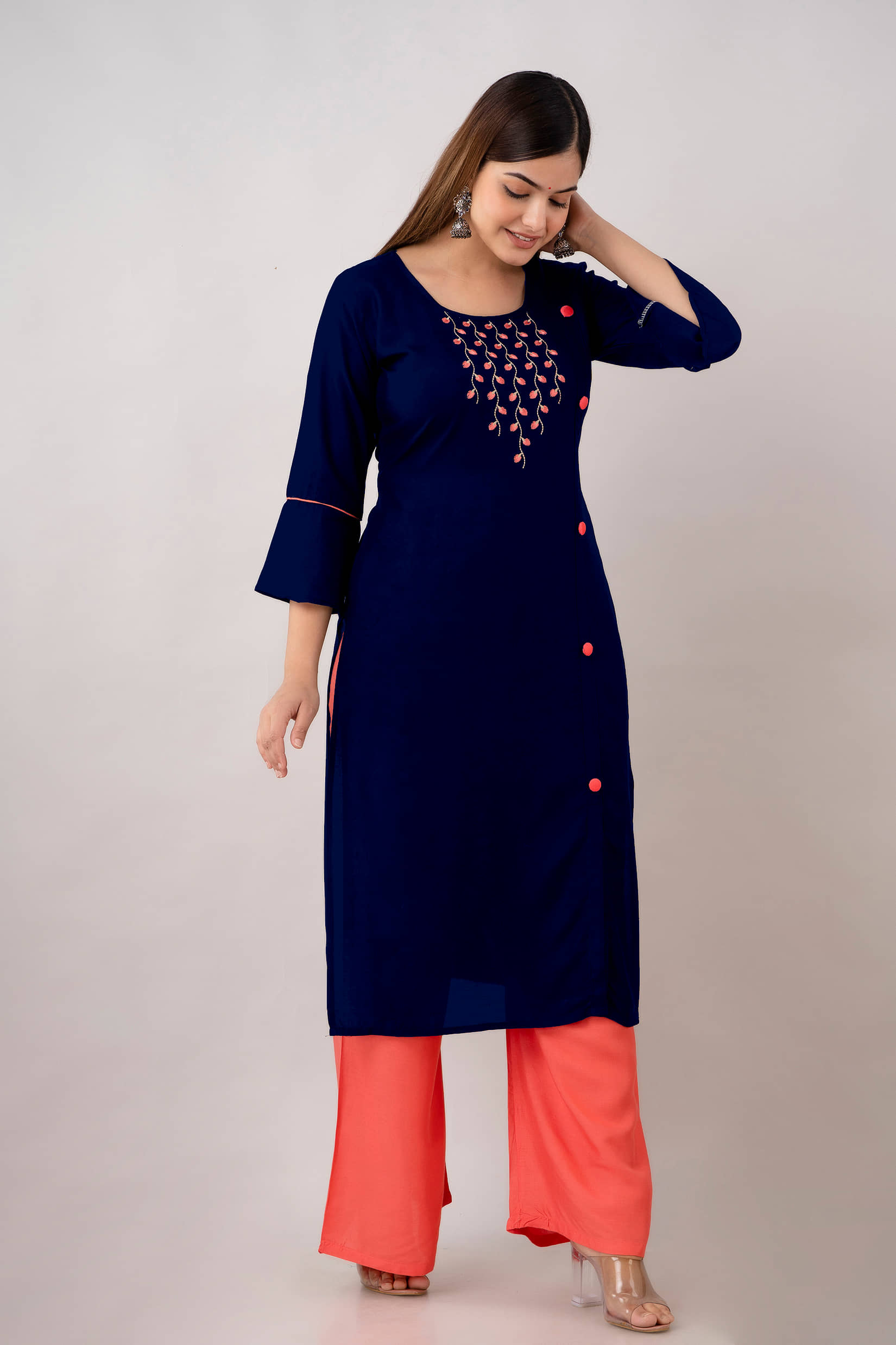 Kapadia - Navy Blue Rayon Women's Straight Kurti ( Pack of 1 ) - Kurtis, Tunics | Buy online on ZillyBuy
