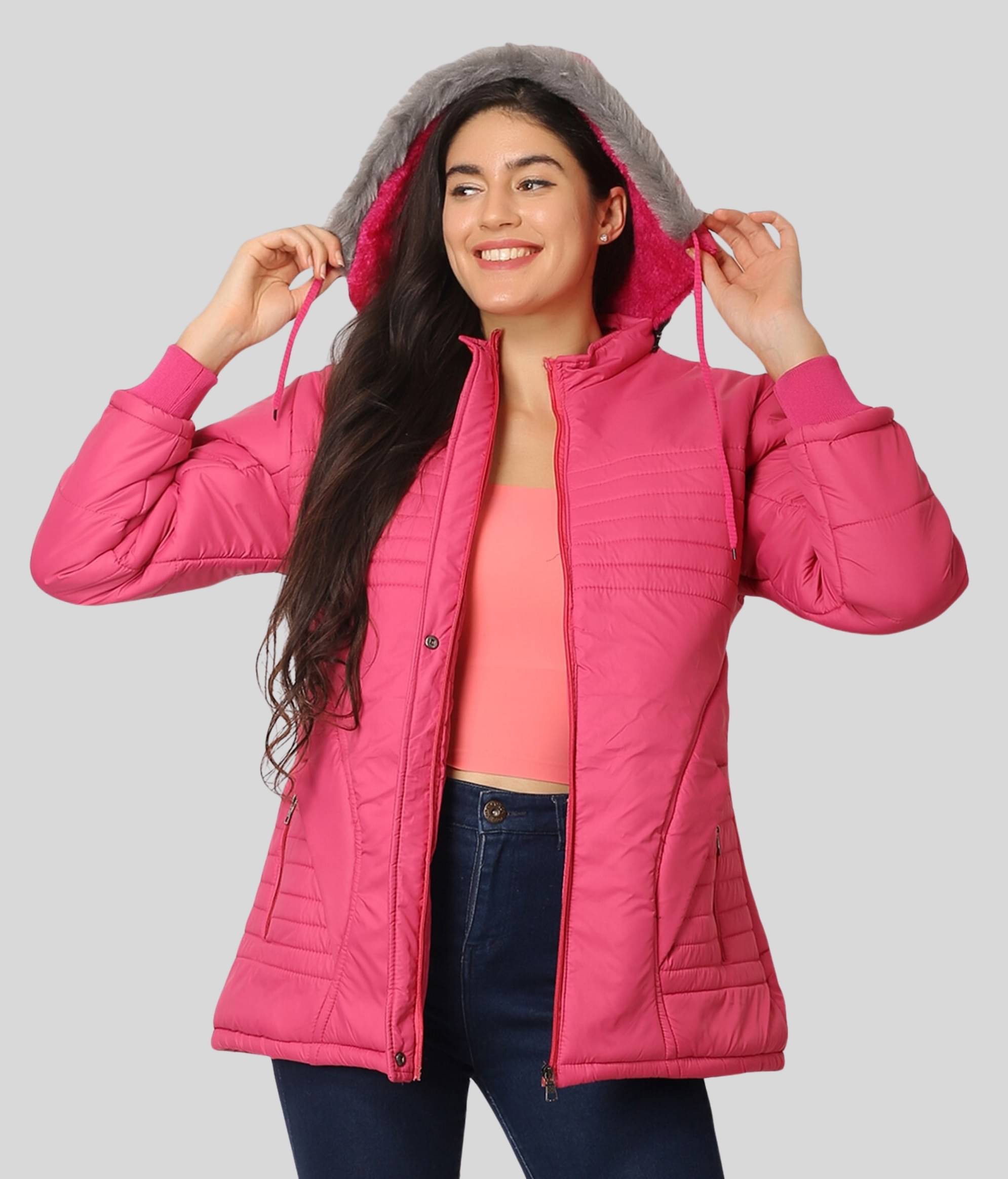 NUEVOSDAMAS - Polyester Blend Pink Hooded Jackets NUEVOSDAMAS - Polyester Blend Pink Hooded Jackets