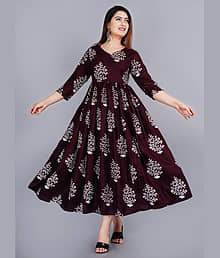 Smien Rayon Printed Anarkali Women's Kurti - Wine ( Pack of 1 )