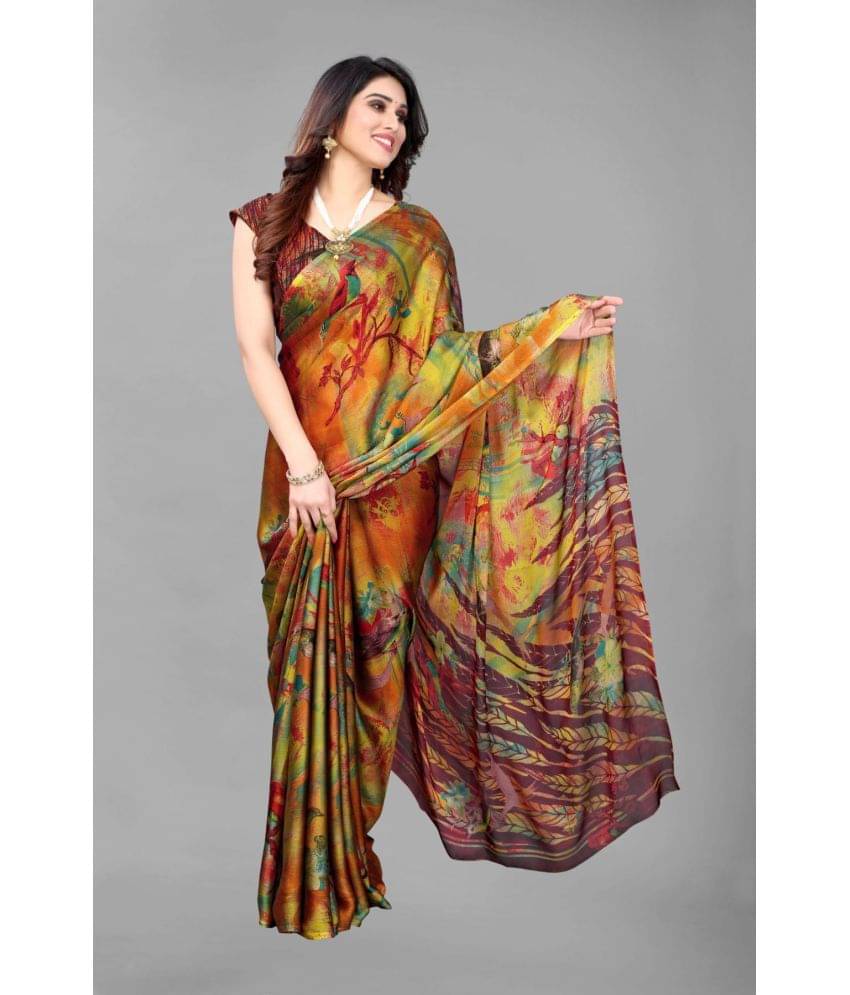     			FABMORA Chiffon Printed Saree With Unstitched Blouse Piece ( Mustard )