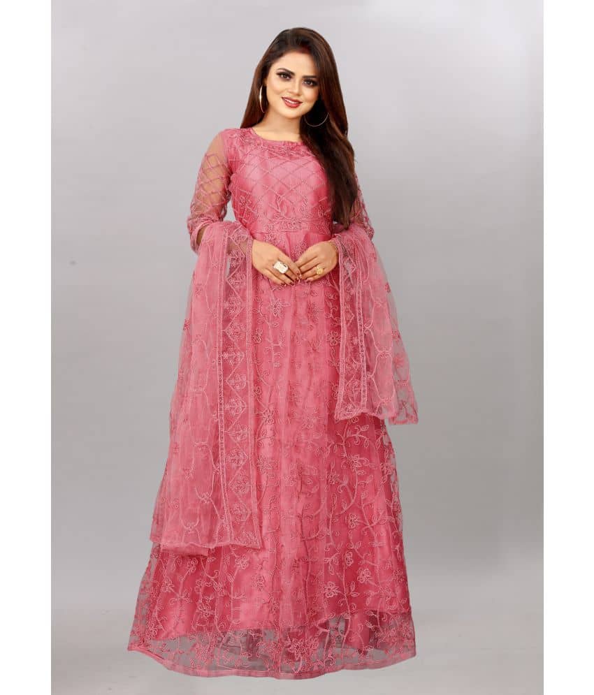 JULEE - Coral Anarkali Net Women's Semi Stitched Ethnic Gown ( Pack of 1 ) - Unstitched Fabrics | Buy online on ZillyBuy