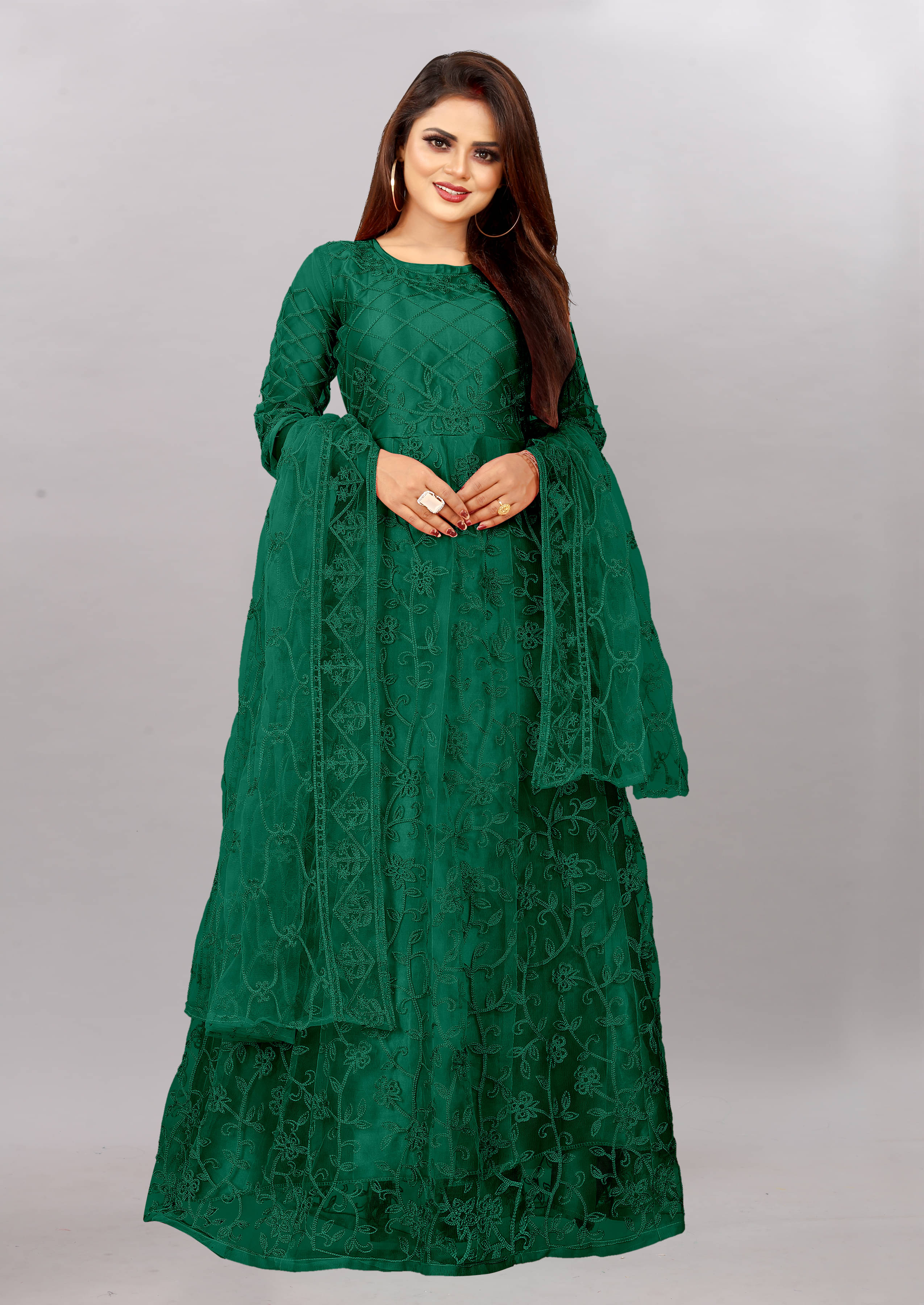 JULEE - Green Anarkali Net Women's Semi Stitched Ethnic Gown ( Pack of 1 )     			JULEE - Green Anarkali Net Women's Semi Stitched Ethnic Gown ( Pack of 1 )