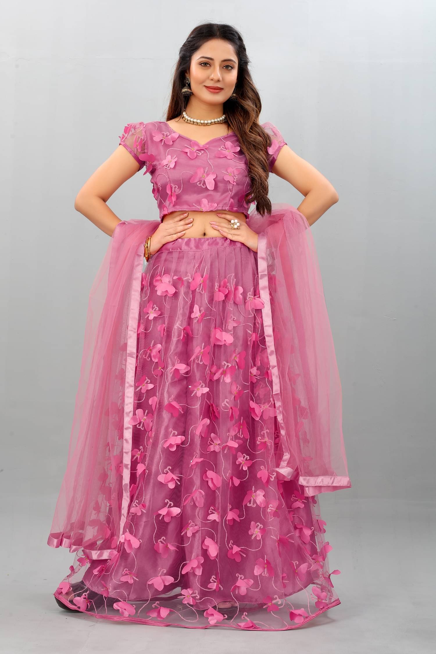    			Aika Peach Net A-line Semi Stitched Lehenga