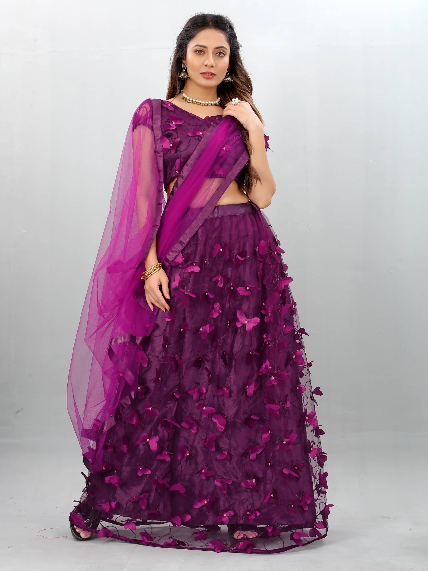     			Aika Purple Net A-line Semi Stitched Lehenga