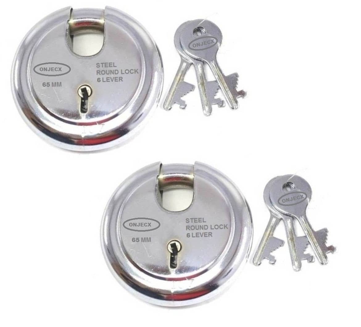 Onjecx Steel High Quality Primium Range Lock 6 Levers 65 mm Heavy Duty Padlock , Sutter Lock, Round Lock Long Life Durable with 3 Keys for Main Gate, Office Door, Shop Shutter, Pack of 2 pcs (RPL65)