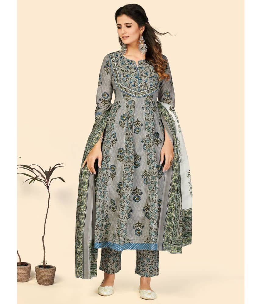 Vbuyz - Grey Anarkali Cotton Women's Stitched Salwar Suit ( Pack of 1 )