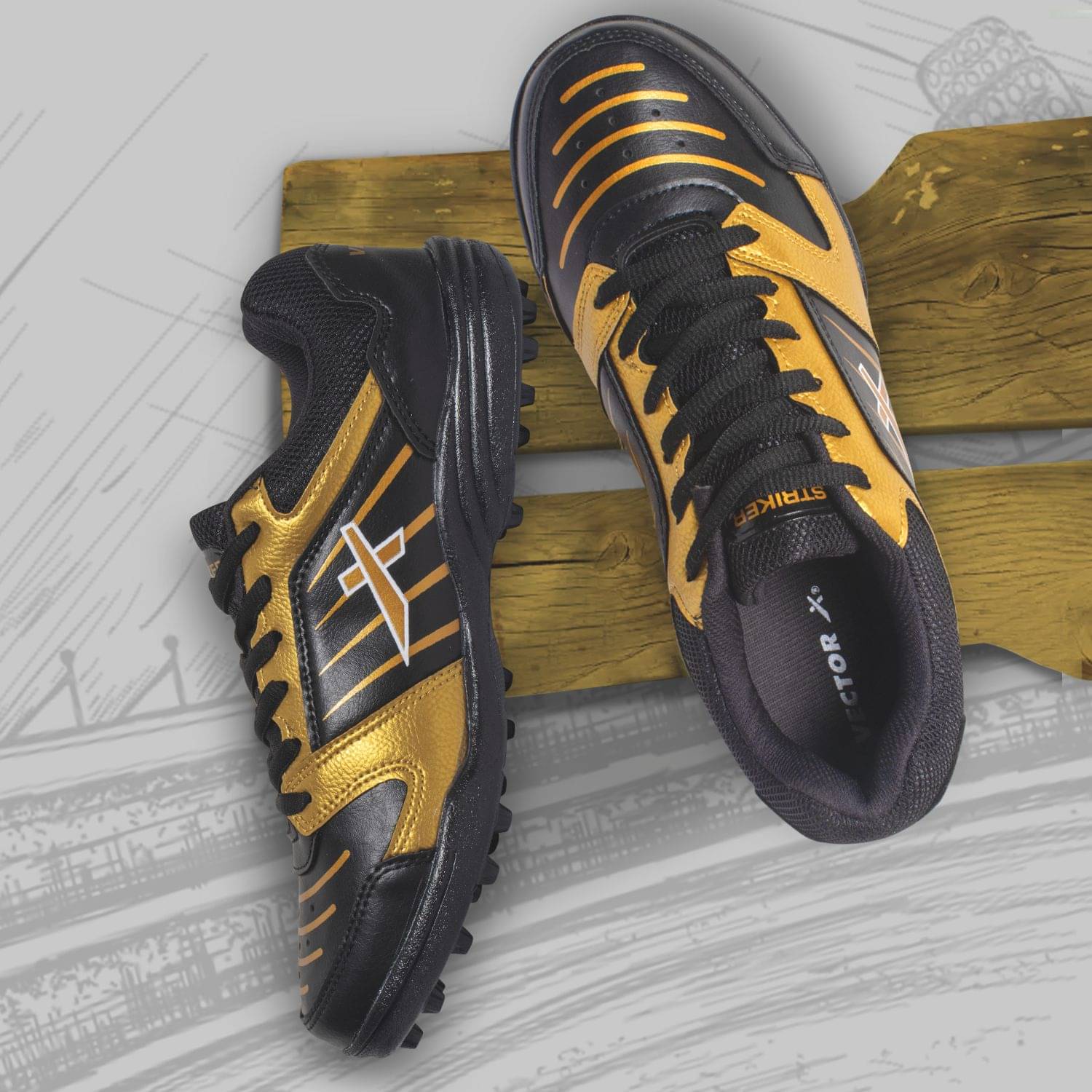 Vector X STRIKER Black Gold Cricket Shoes Vector X STRIKER Black Gold Cricket Shoes