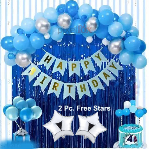     			Happy Birthday Decoration Banner (Blue) + 2 Fringe Curtain (Blue) + 30 Metallic Balloon ( Blue, Silver, Sky Blue ) + 2 Star Free ( Silver ) For Birthday Decoration Kit