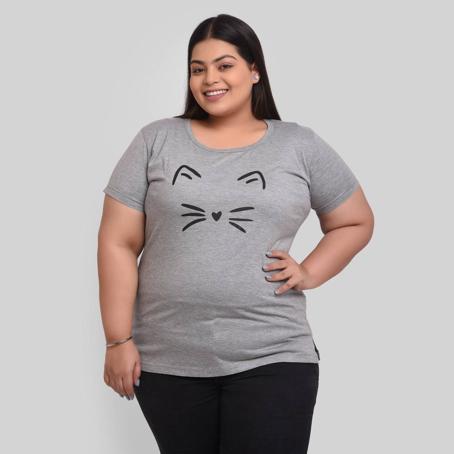     			Neo Garments Women Cotton Printed Regular Fit Round Neck T-Shirt ( Grey )