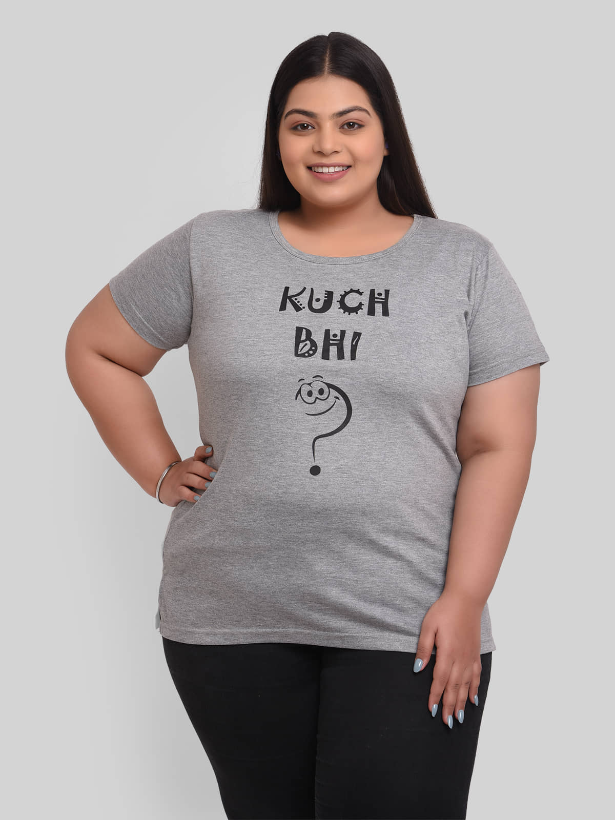 Neo Garments Women Cotton Self Design Regular Fit Round Neck T-Shirt ( Grey )
