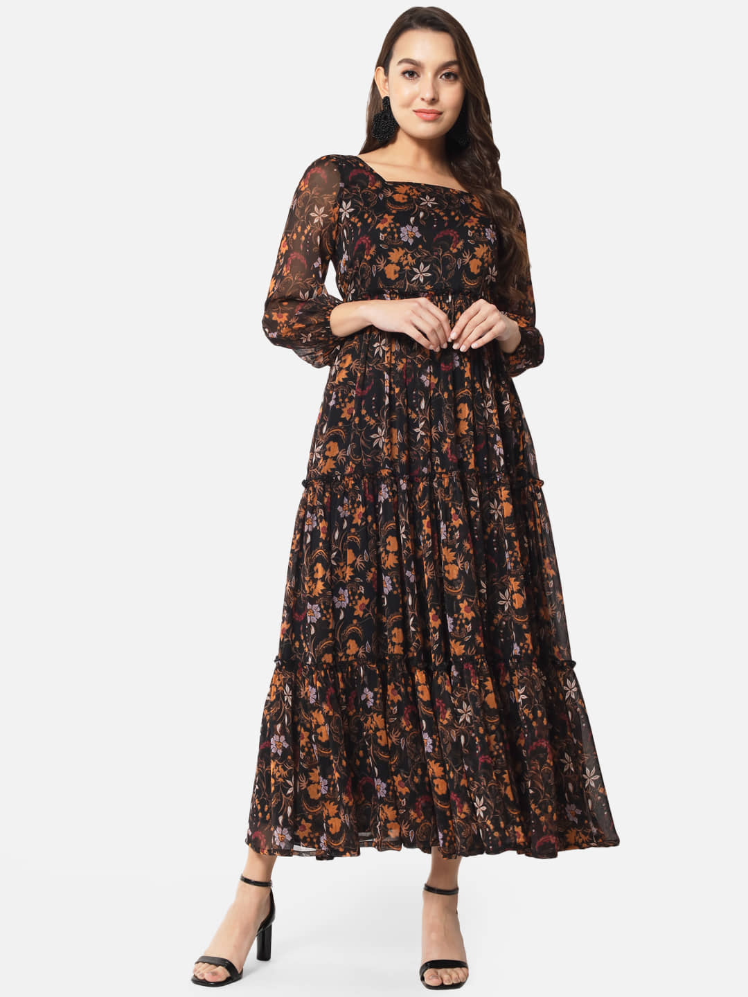 ALL WAYS YOU Women Georgette Printed Gown ( Black )