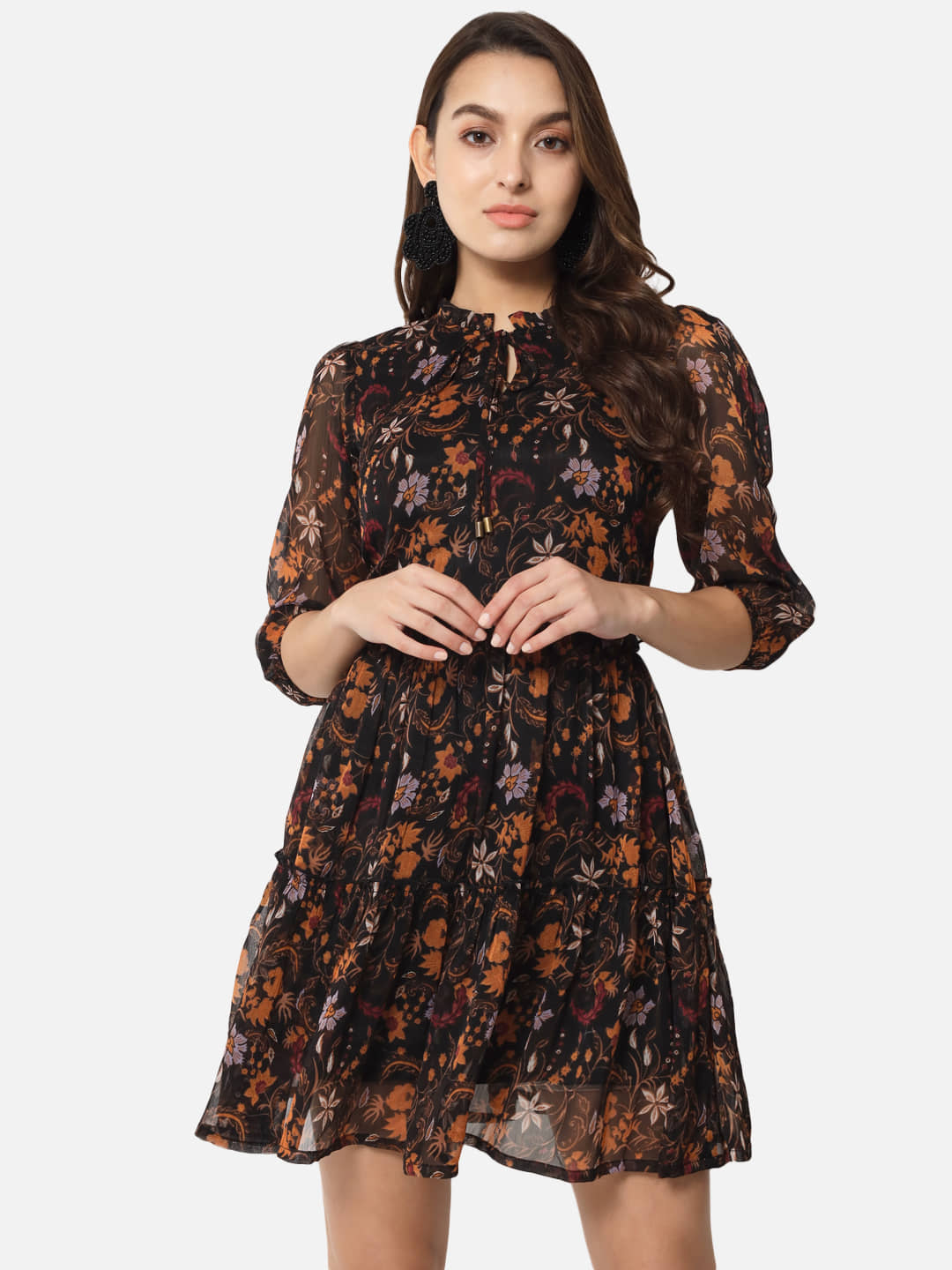 ALL WAYS YOU Women Georgette Printed Fit & Flare Dress ( Black )