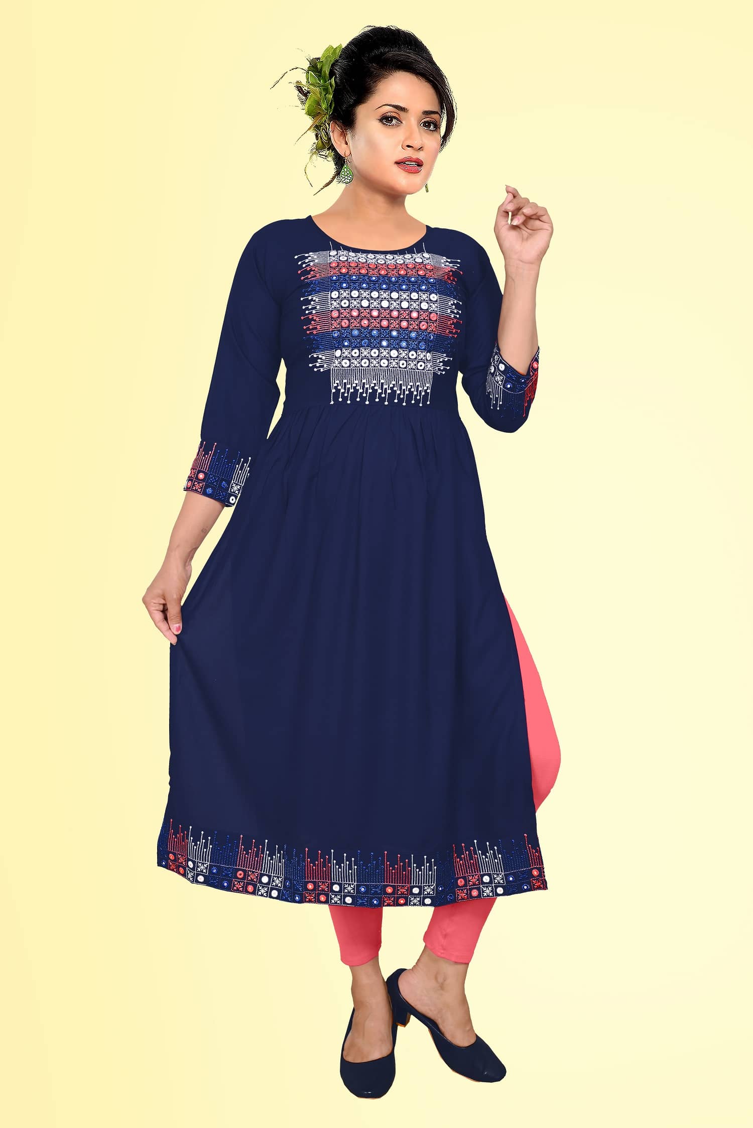 HAYA - Navy Rayon Women's Straight Kurti ( Pack of 1 ) - Kurtis, Tunics | Buy online on ZillyBuy